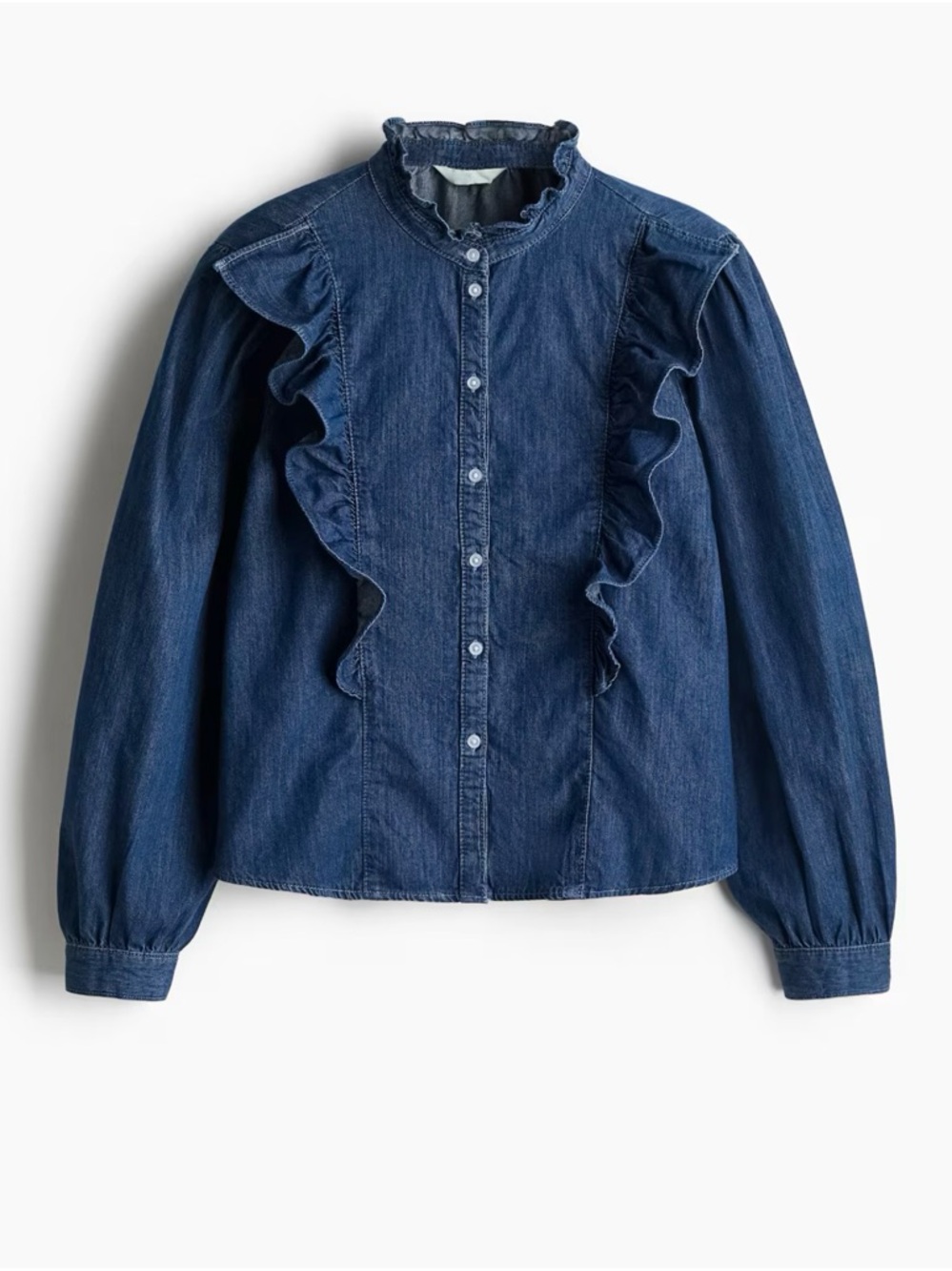 Ruffled Denim Button-Up Blouse in Deep Blue